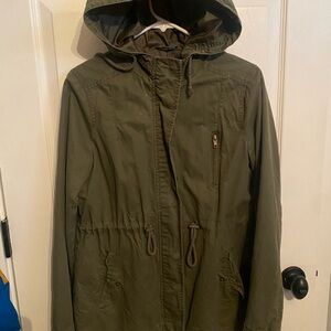 Ambiance Women's SZ M Utility Jacket Military Style Hooded Olive Green Full Zip